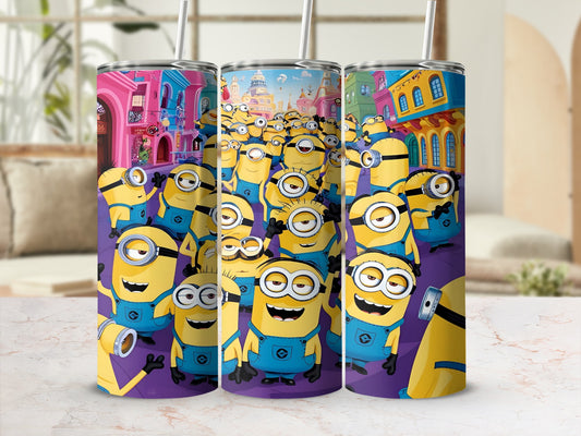 Three cylindrical tumblers with repeating Minions characters and colorful cityscape design.