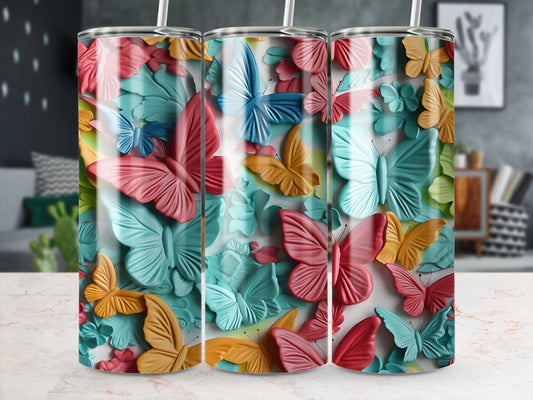Colorful butterflies in various sizes and colors cover this tumbler.