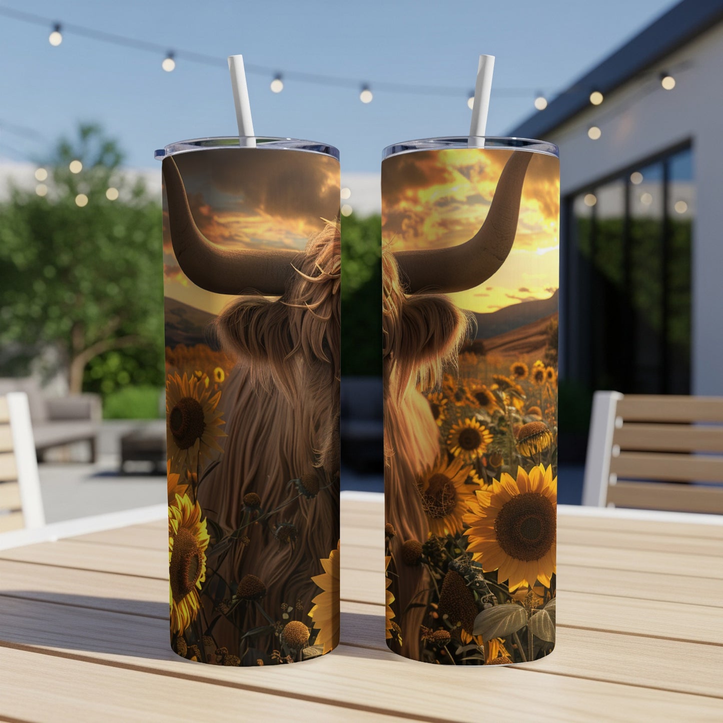 Highland cow with sunflowers on a tumbler.
