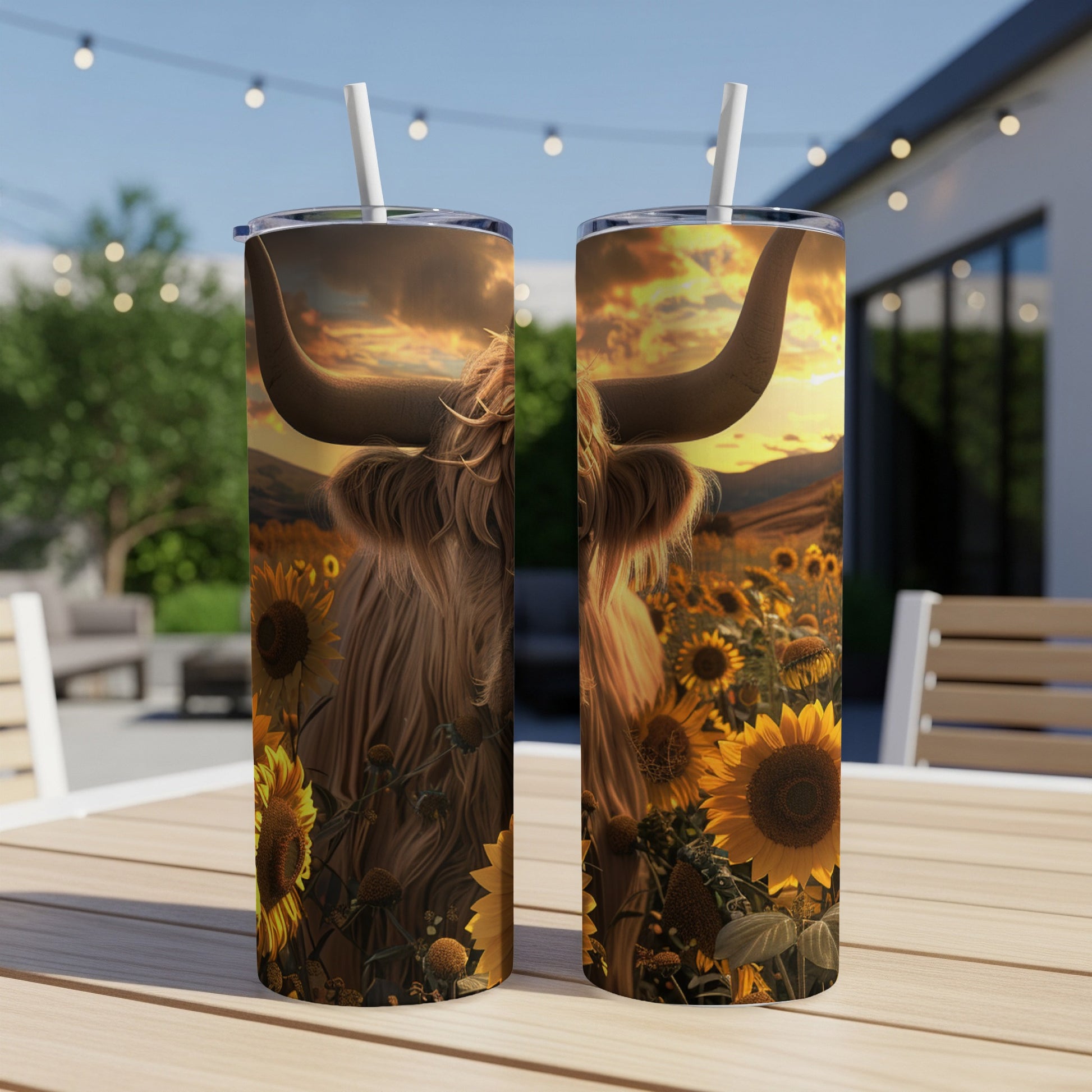 Highland cow with sunflowers on a tumbler.