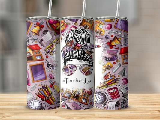Pink tumbler with teacher-themed illustrations and #TeacherLife text.