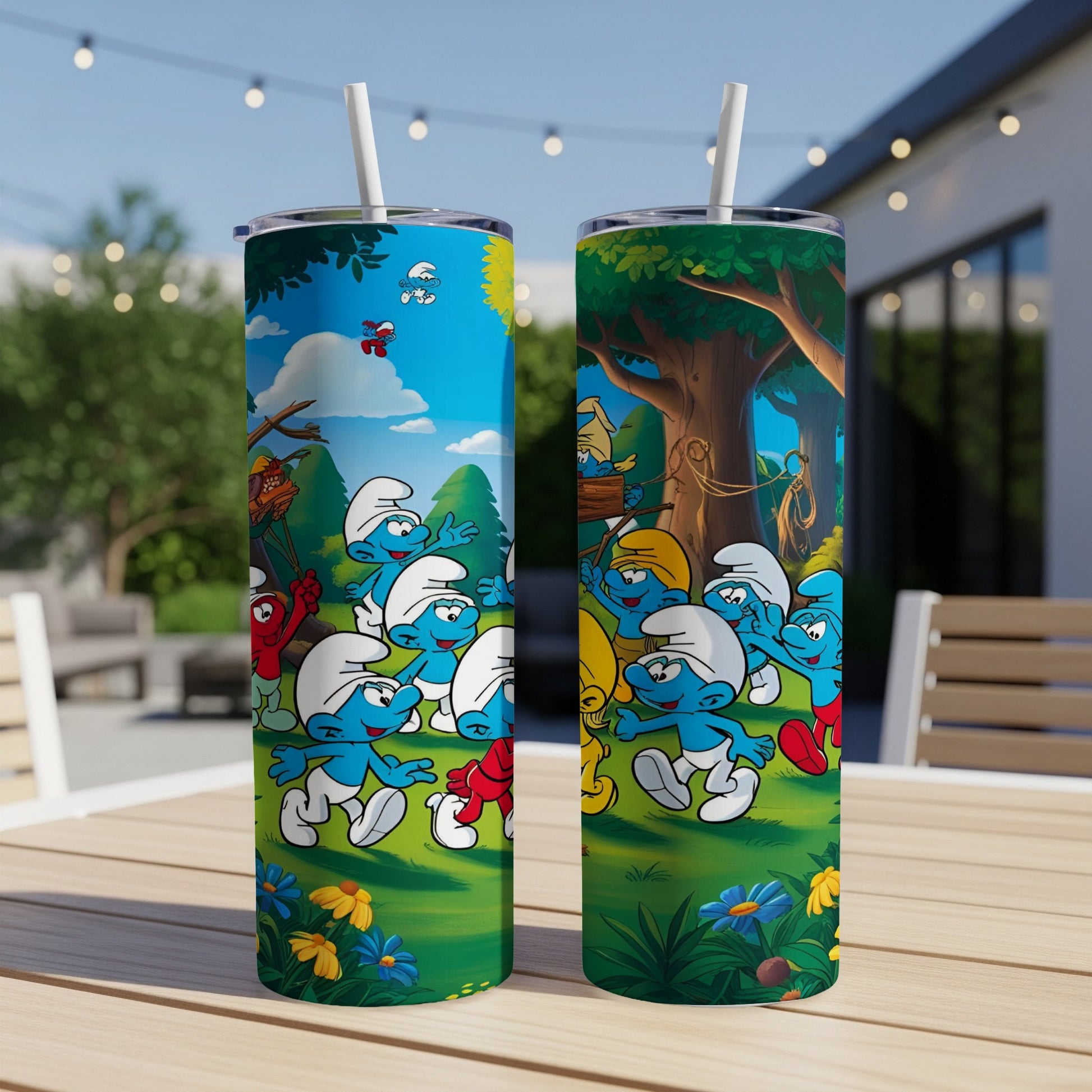 Smurfs characters walking and playing in a forest landscape.