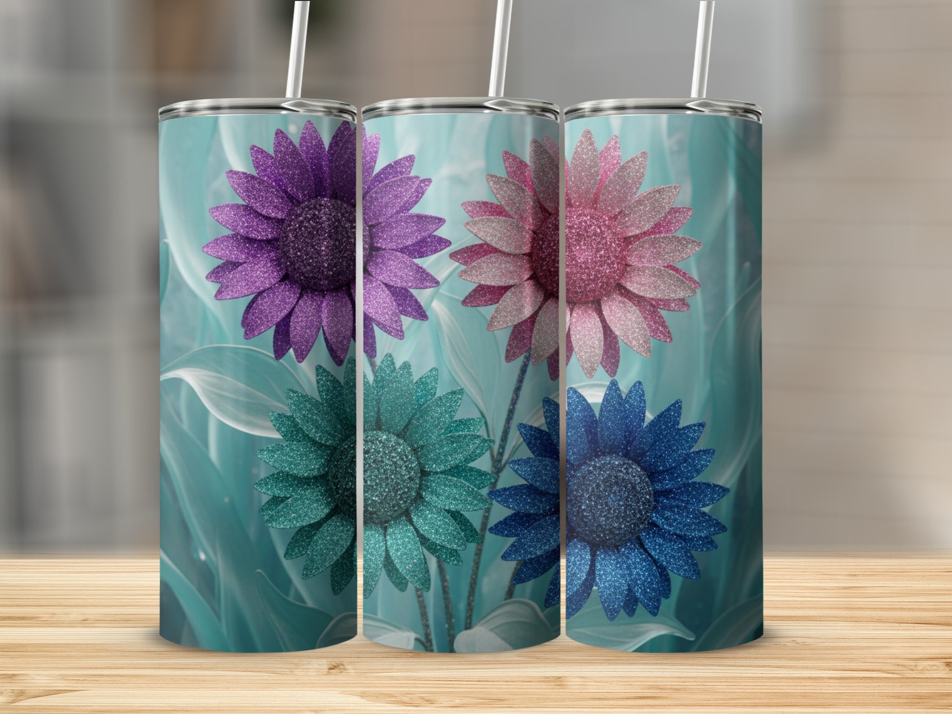 Colorful Floral Glitter Design Stainless Steel Tumbler