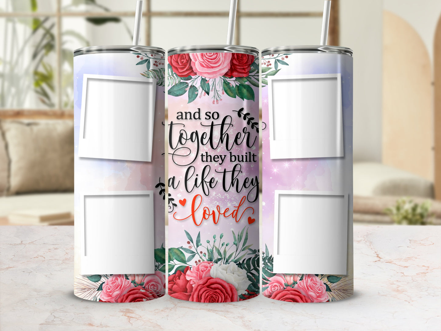 Tumbler with floral design, personalized text, and photo placeholders.