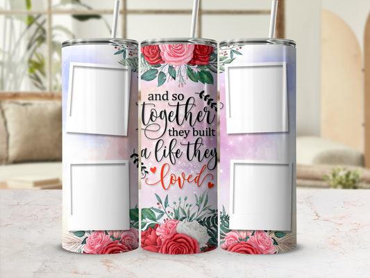 Tumbler with floral design, personalized text, and photo placeholders.