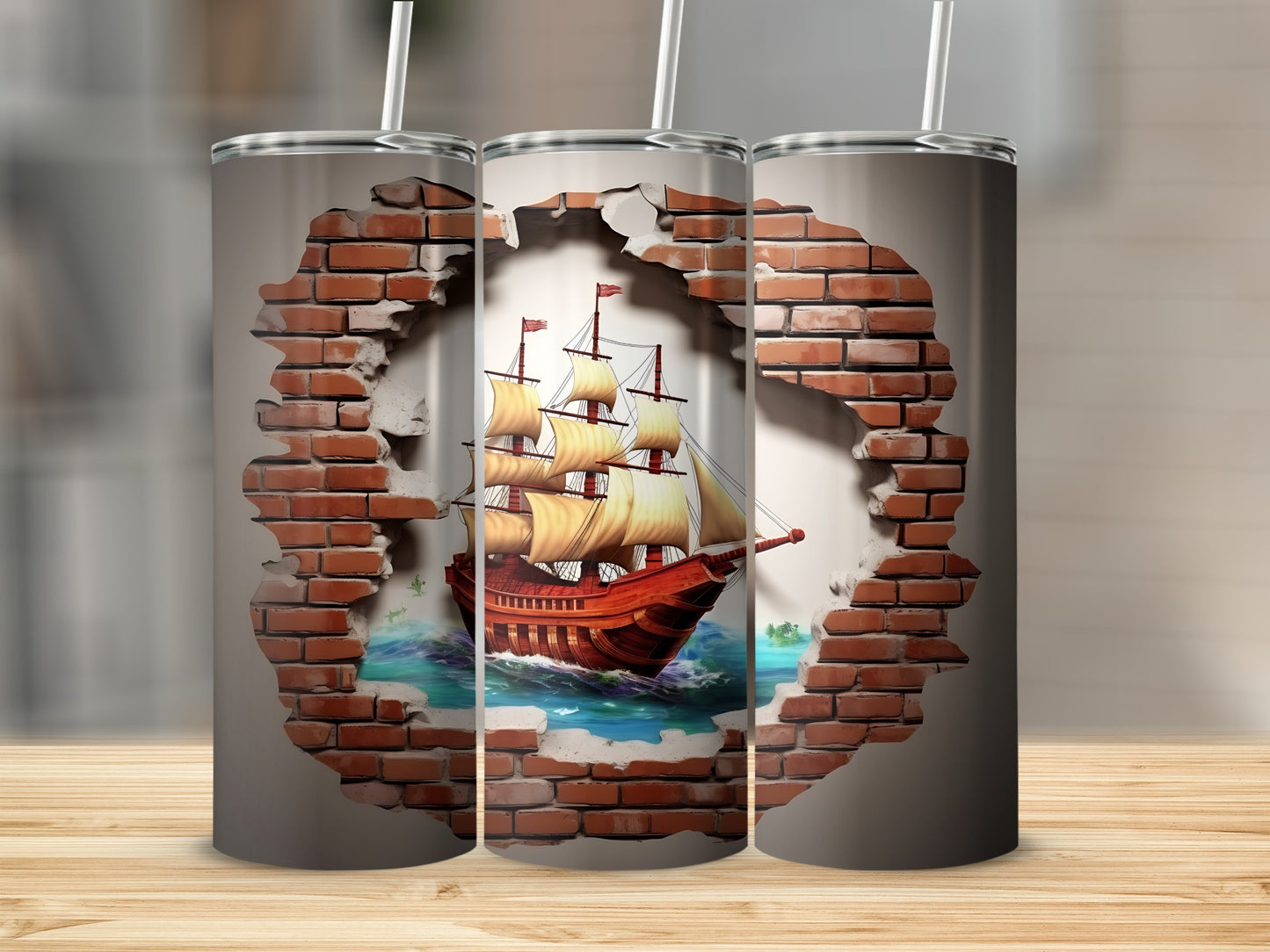 Sailing Ship Through Brick Wall Tumbler