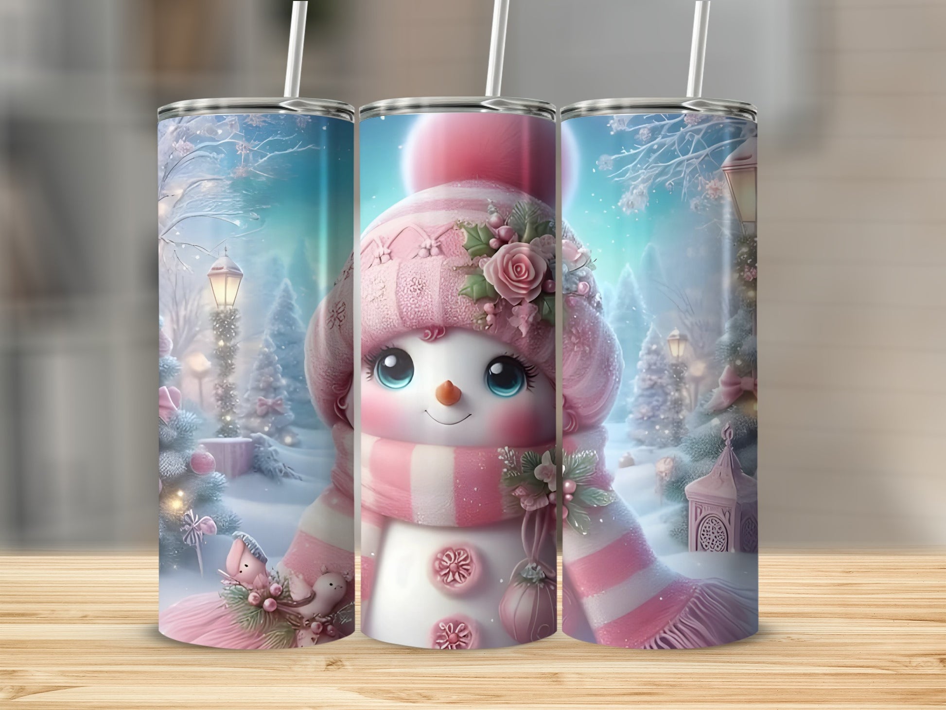 Adorable Pink Snowman with Winter Wonderland Tumbler