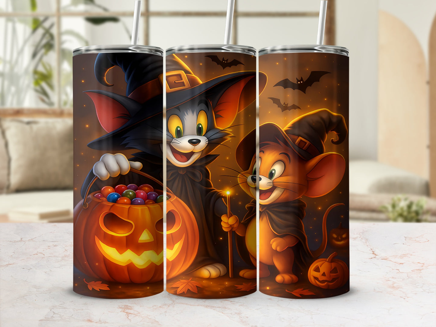 Tom and Jerry in Halloween costumes with a pumpkin bucket and candy.