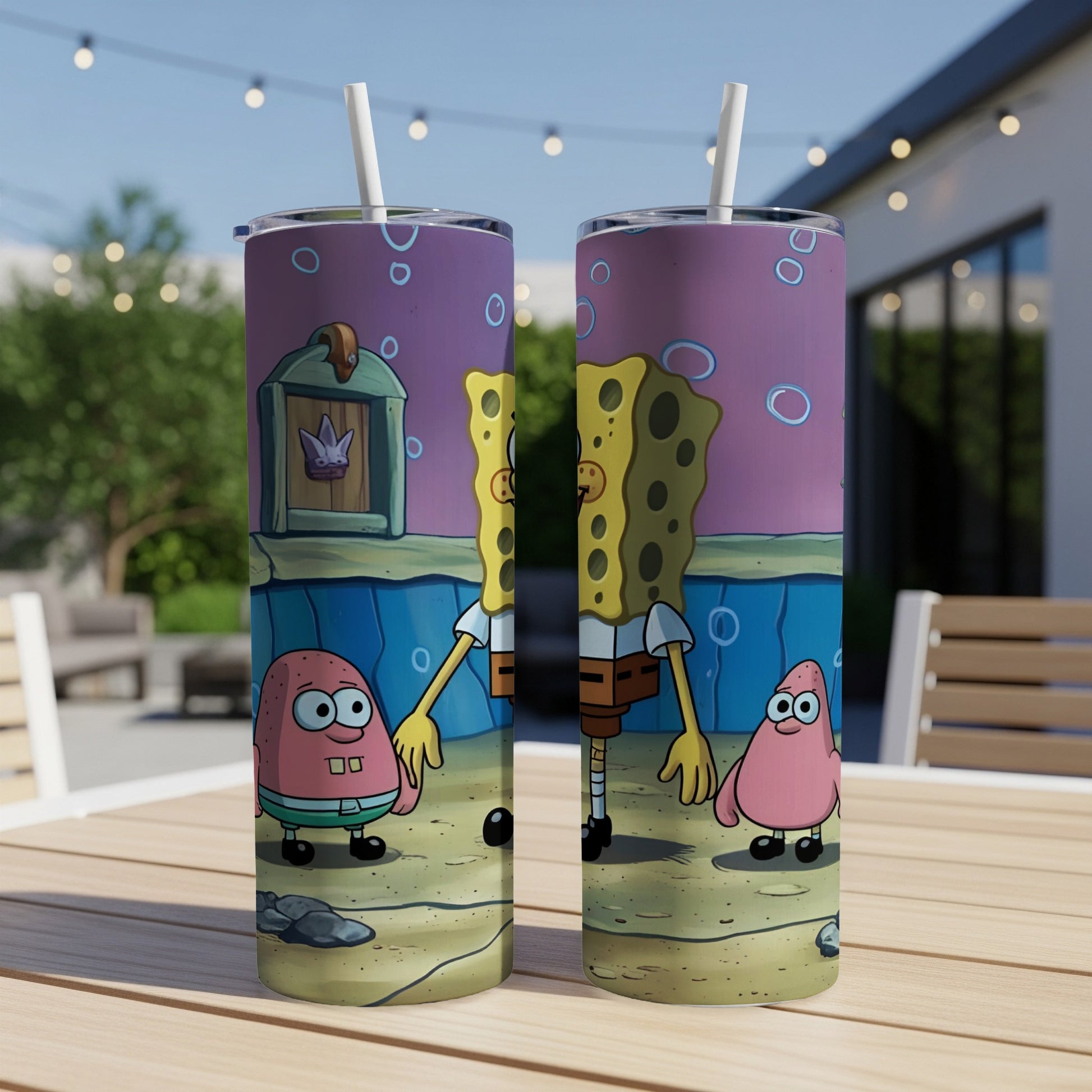 SpongeBob SquarePants and Patrick Star on a sandy beach with a purple sky.