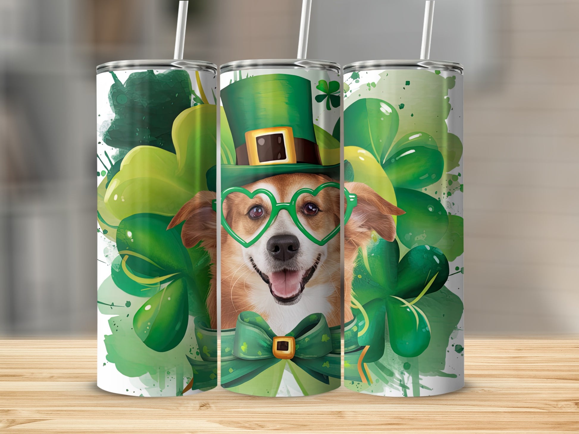 Corgi wearing St. Patrick's Day hat and glasses, surrounded by shamrocks.