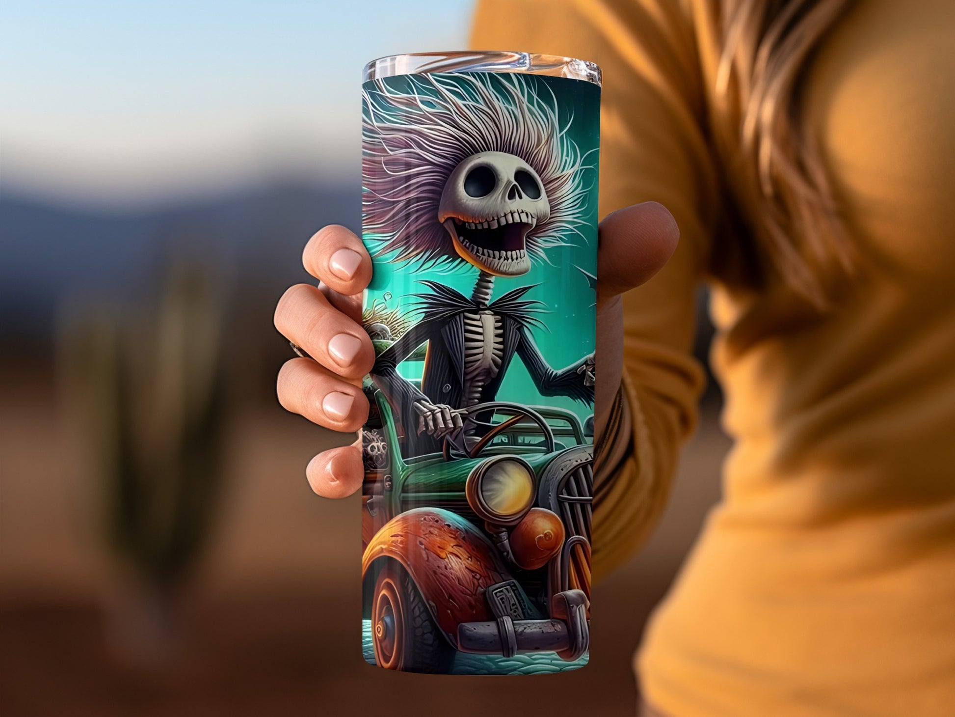 Skeleton Riding Hot Rod Tumbler Halloween Vibes Cup