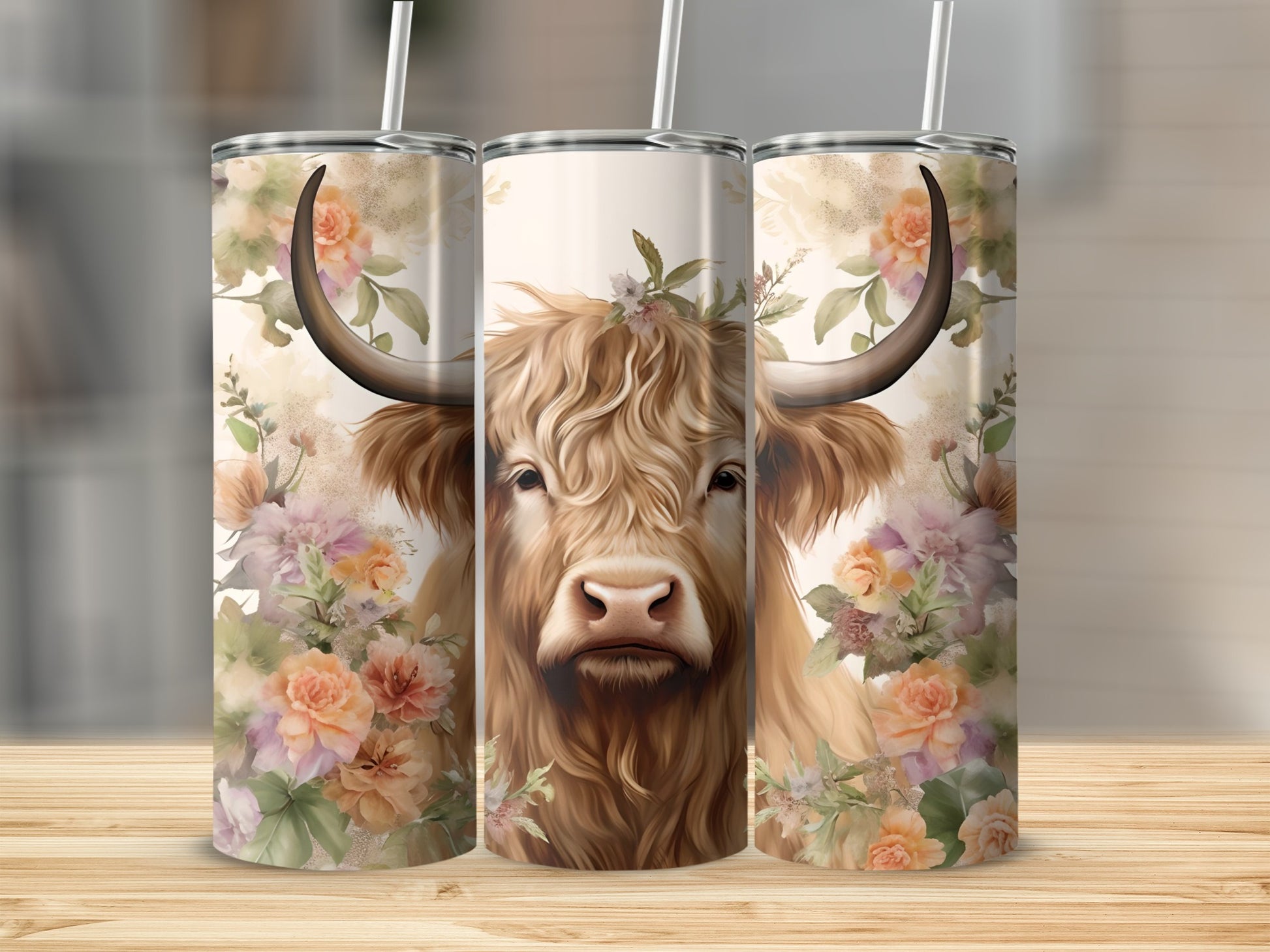 Highland Cow Floral Print Tumbler with Straw