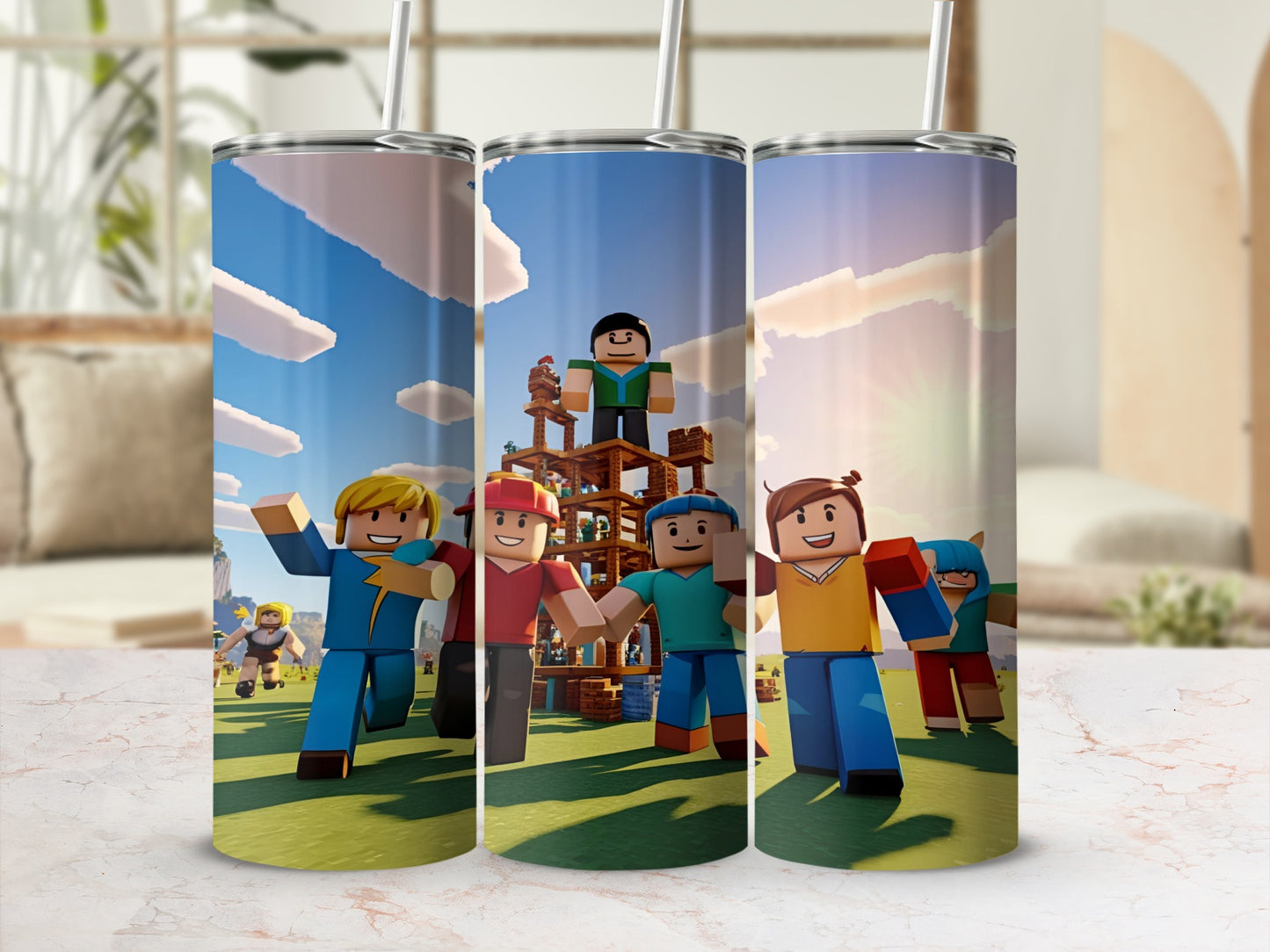 Roblox characters build a structure under a sunny sky.