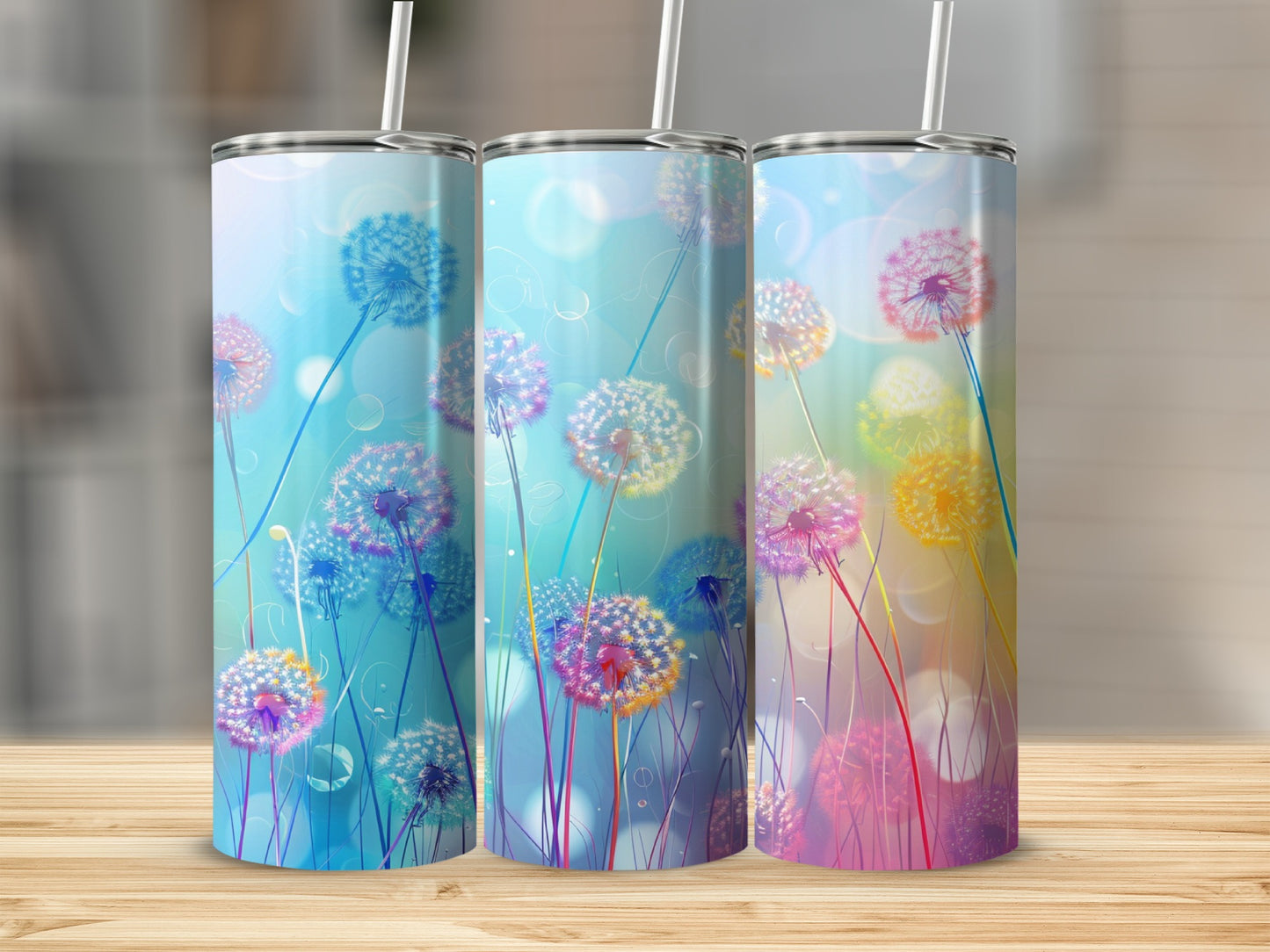Three skinny tumblers with dandelion and bokeh light designs.