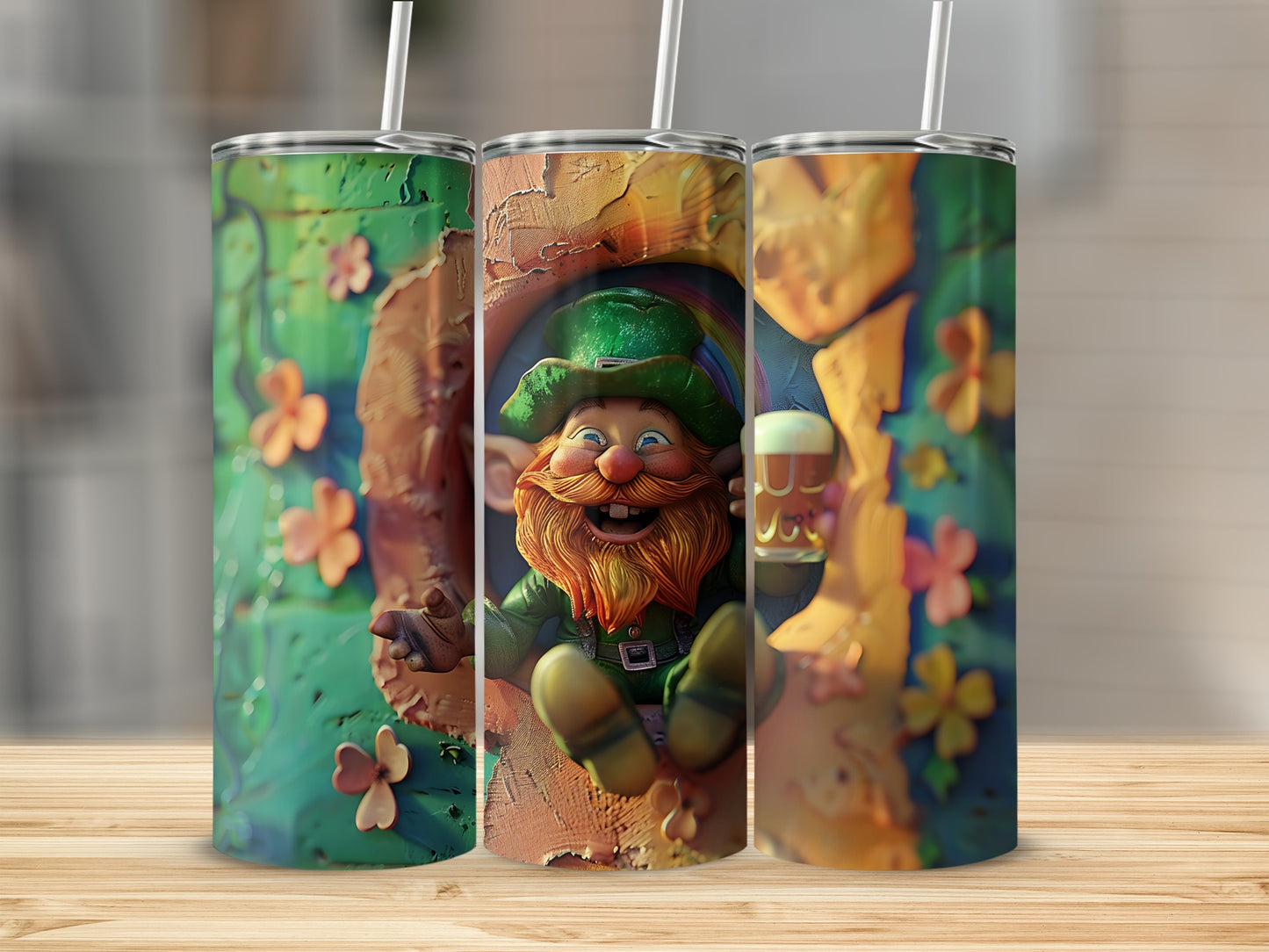 Three St. Patrick's Day themed tumblers with a leprechaun, shamrocks, and rainbow.