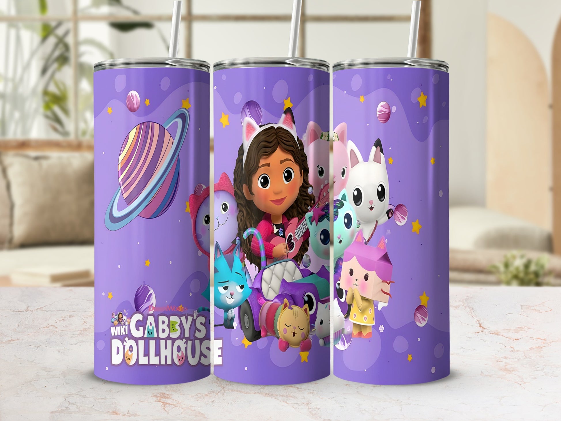 Gabby's Dollhouse tumbler with Gabby and cats on a purple, starry background.