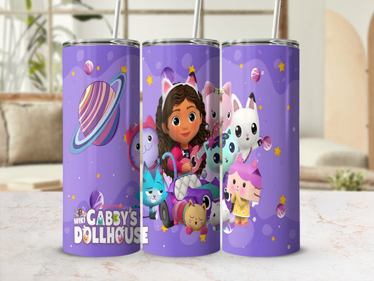 Gabby's Dollhouse tumbler with Gabby and cats on a purple, starry background.