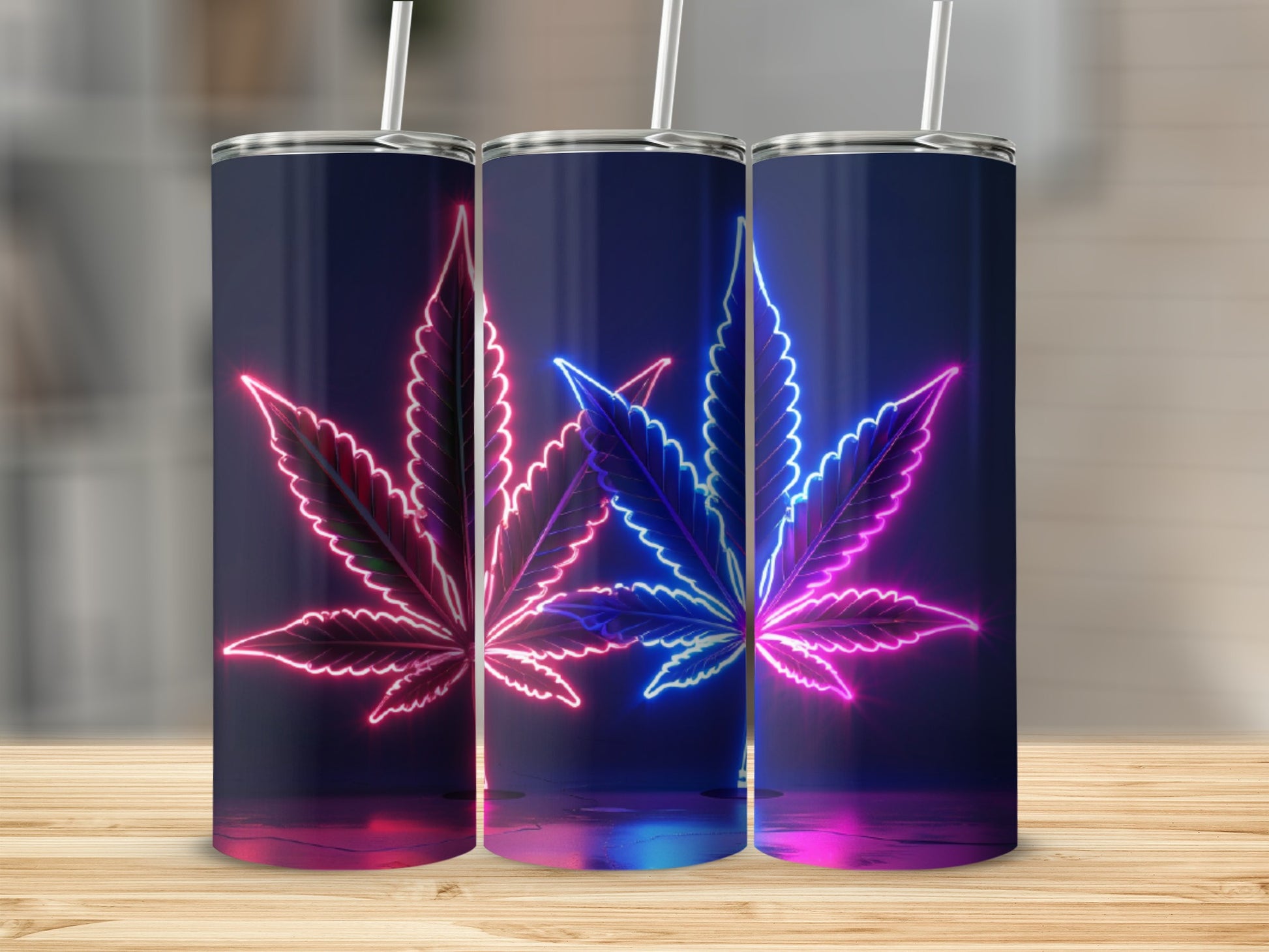 Three neon cannabis leaves on a dark background with reflections.