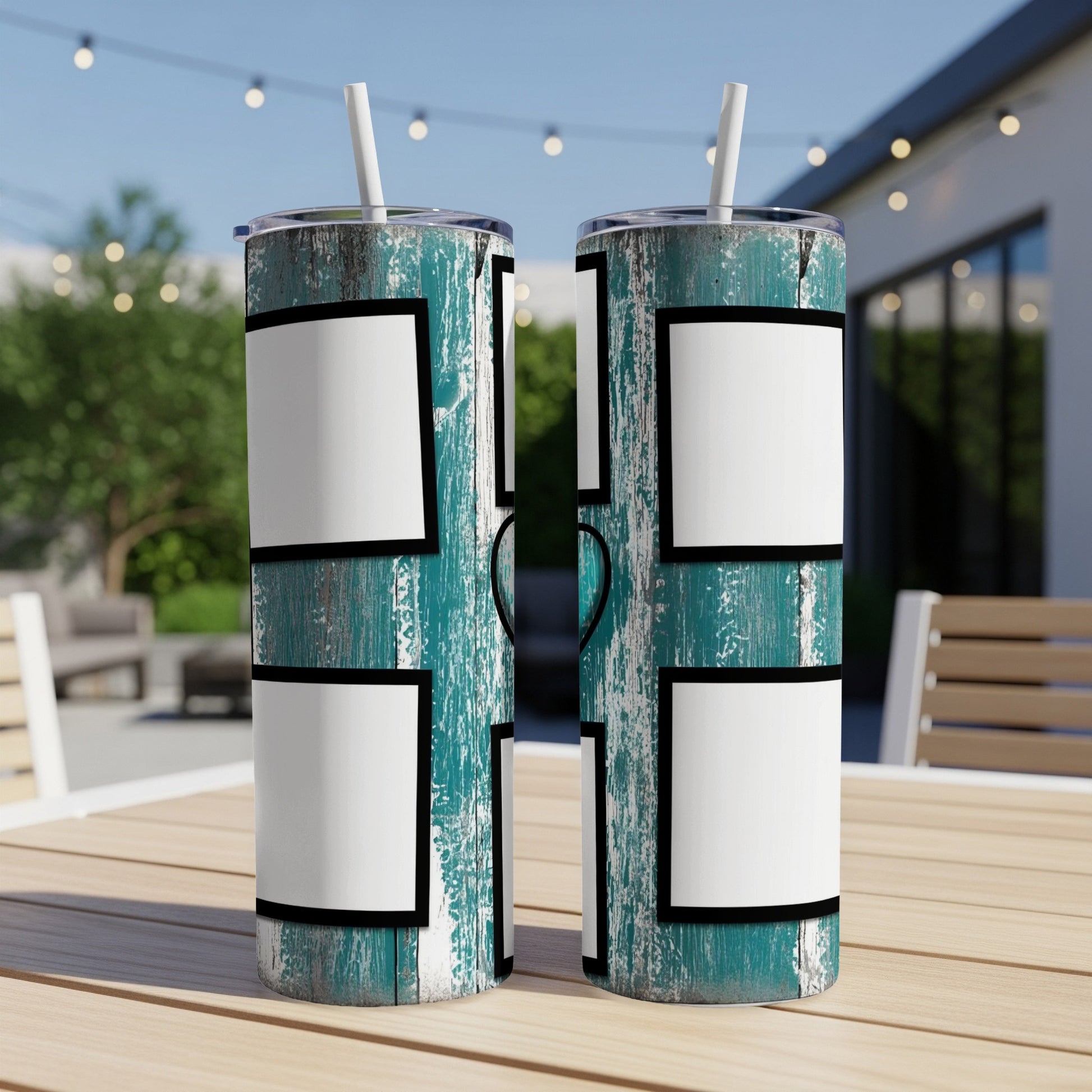 Two tumblers with a distressed teal wood pattern and blank white photo frames.