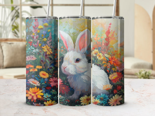 White bunny nestled in a colorful, floral meadow illustration on a tumbler.