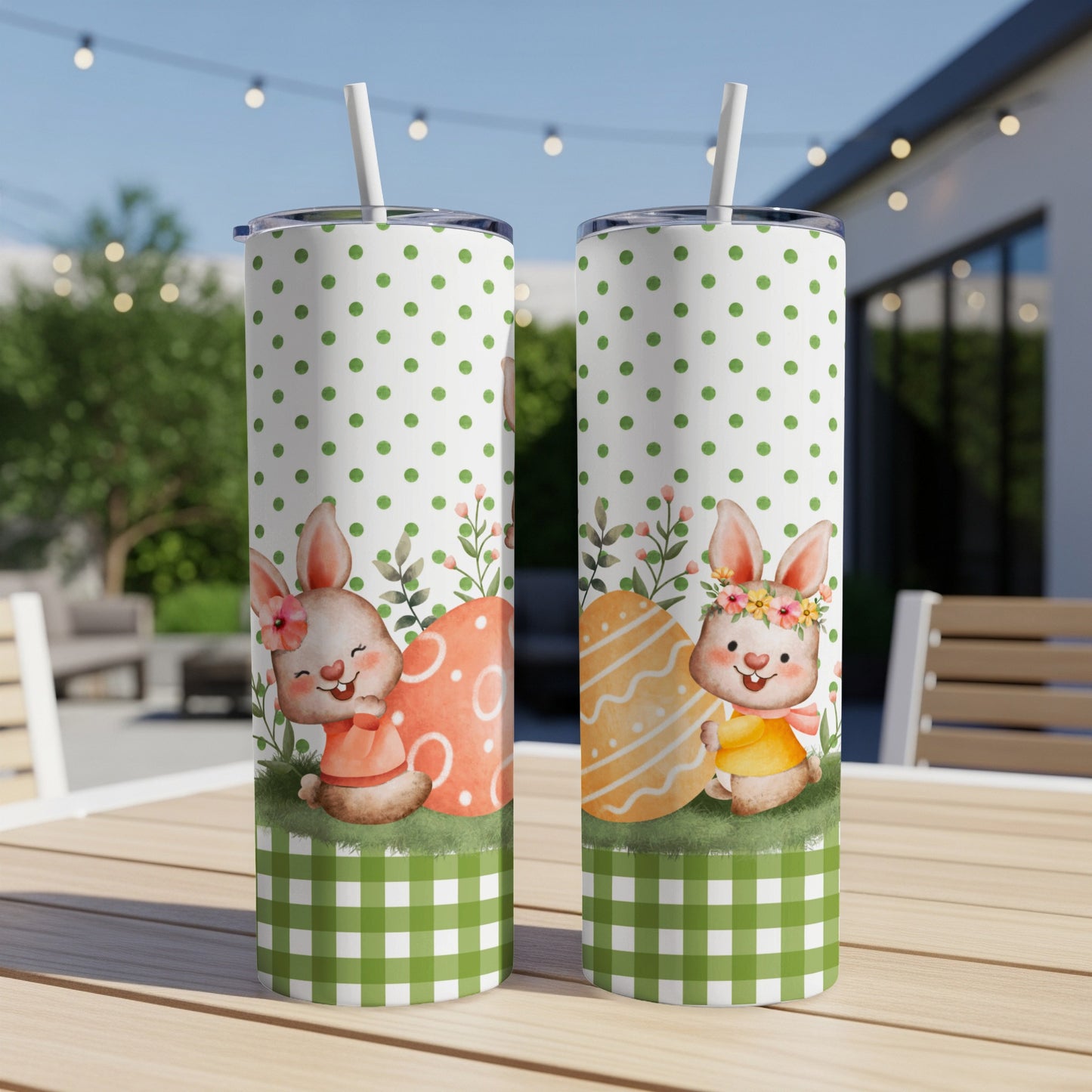 Two Easter-themed tumblers with bunnies, eggs, and polka dots.