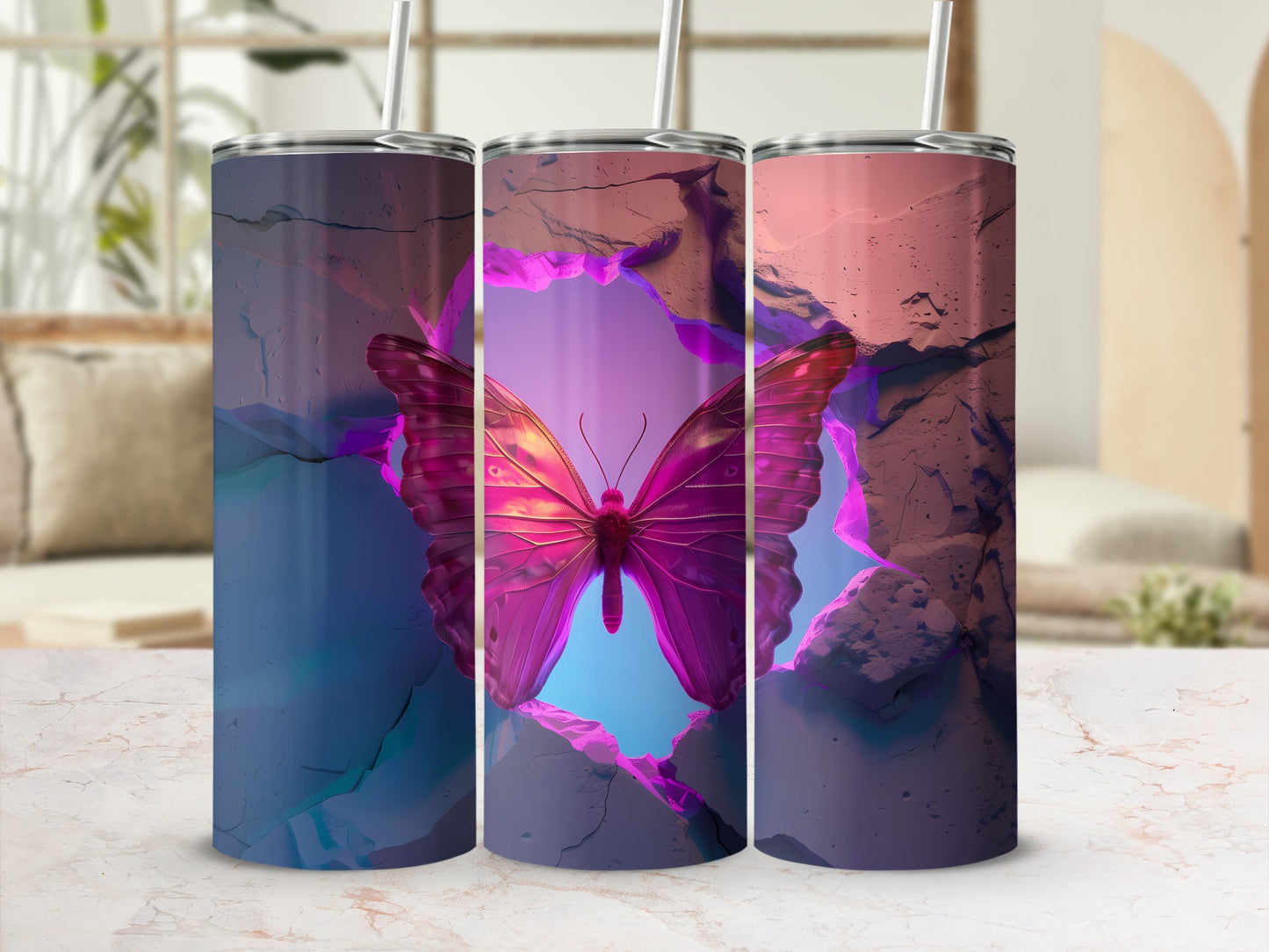 Three tumblers with a glowing pink butterfly bursting through a cracked wall.