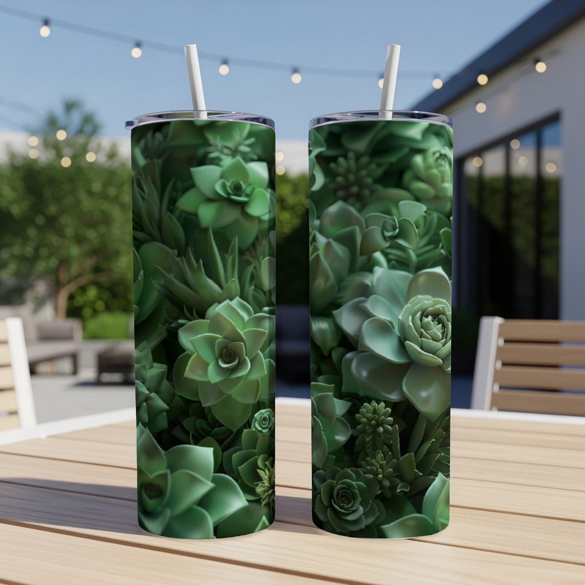 Two green succulent patterned tumblers with straws on a wooden table.