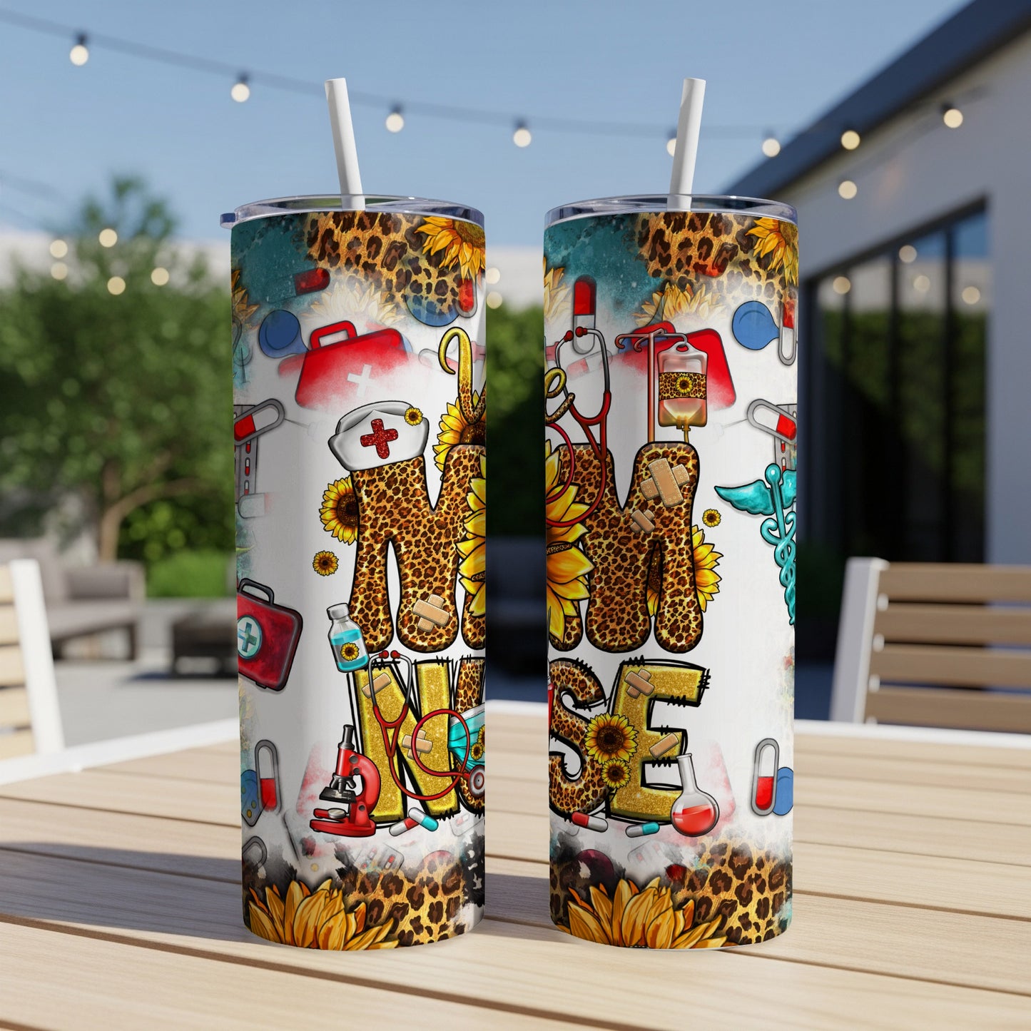 Two tumblers with "Nurse" in leopard print and medical icons.