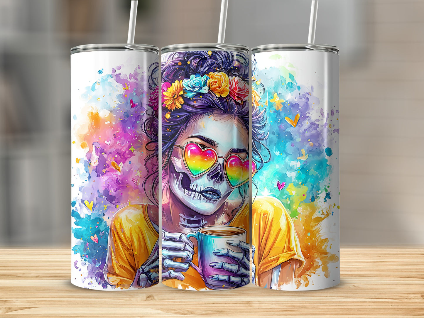 Colorful Artistic Skeleton with Sunglasses Tumbler