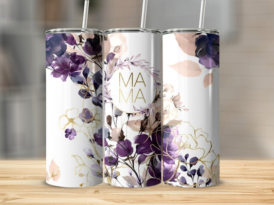 Floral tumbler with "MAMA" text in gold circle.