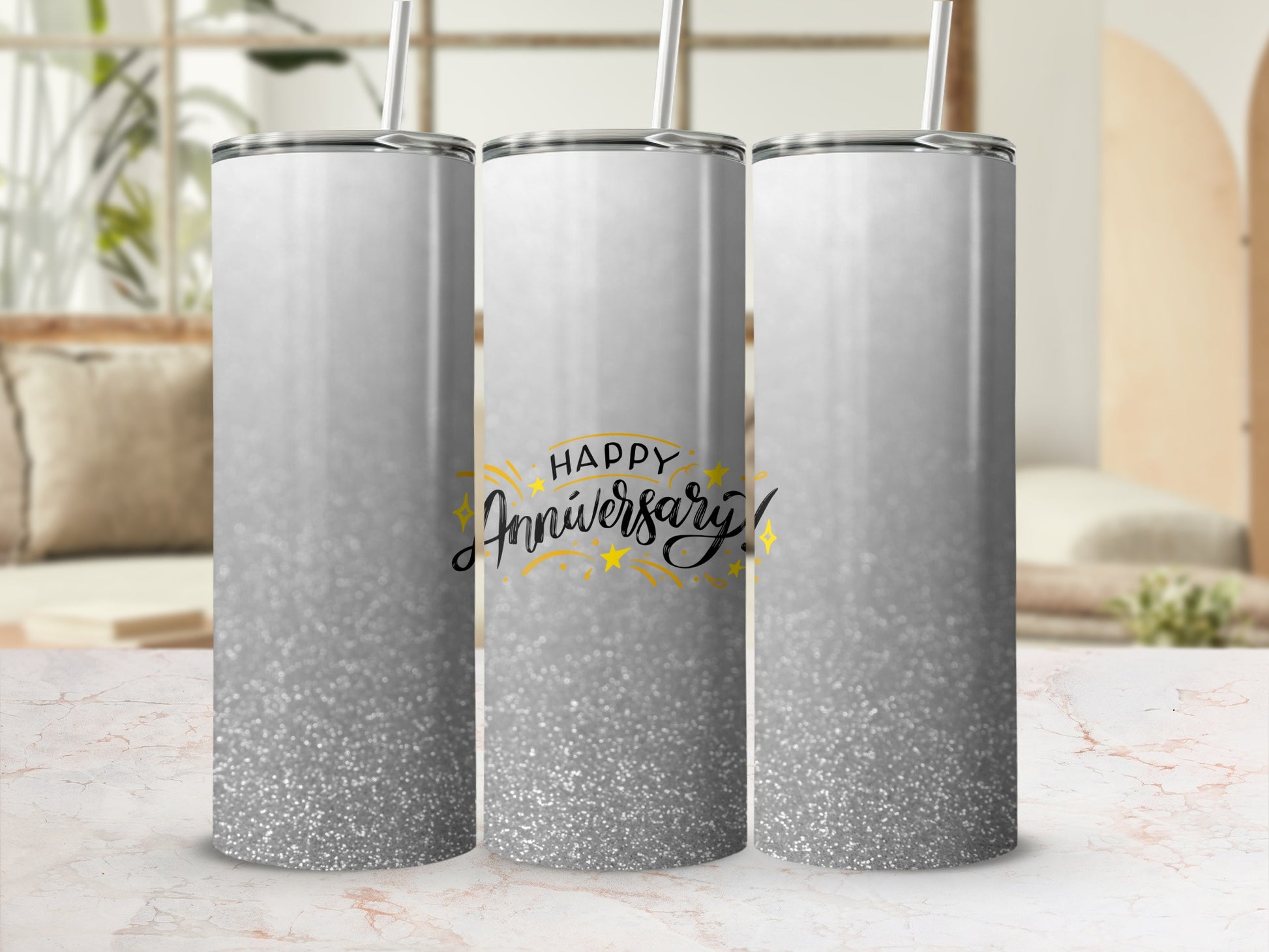 Silver glitter tumbler with "Happy Anniversary!" text.