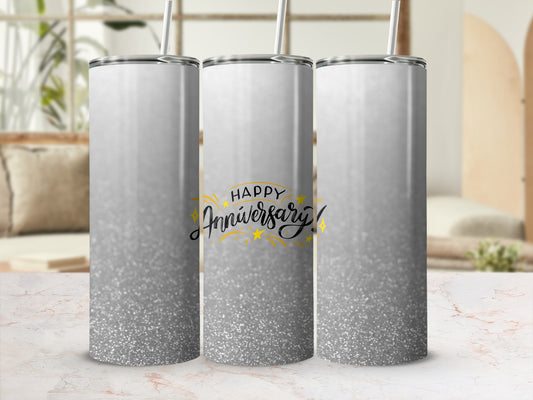 Silver glitter tumbler with "Happy Anniversary!" text.