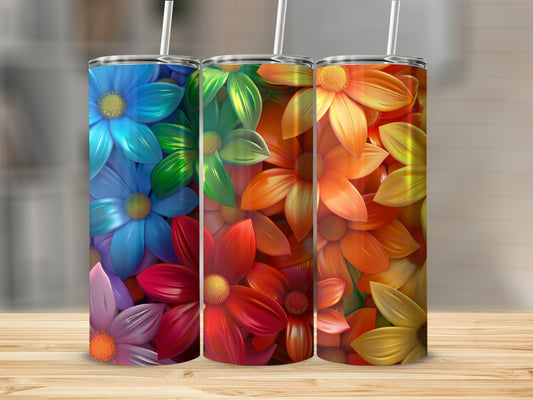 Three tumblers with ombre floral patterns: blue, green, red, orange, and yellow.