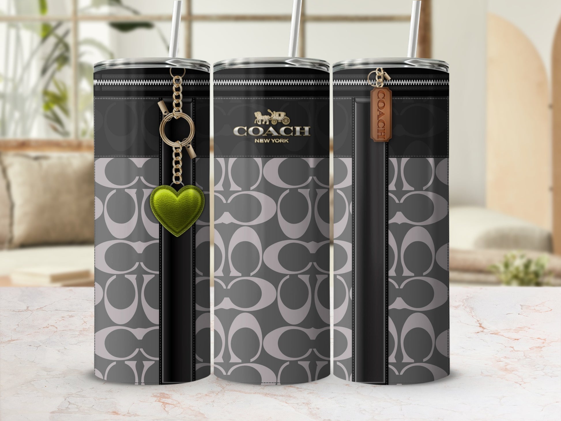 Coach New York Patterned Tumbler with Straw 20oz