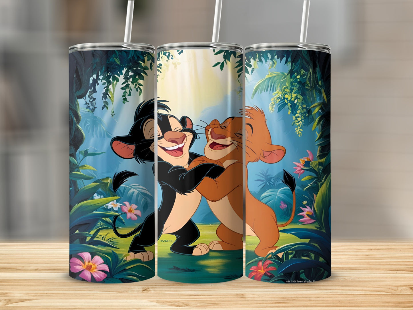 Two cartoon lion cubs, Nala and Simba, embrace in a lush jungle setting.
