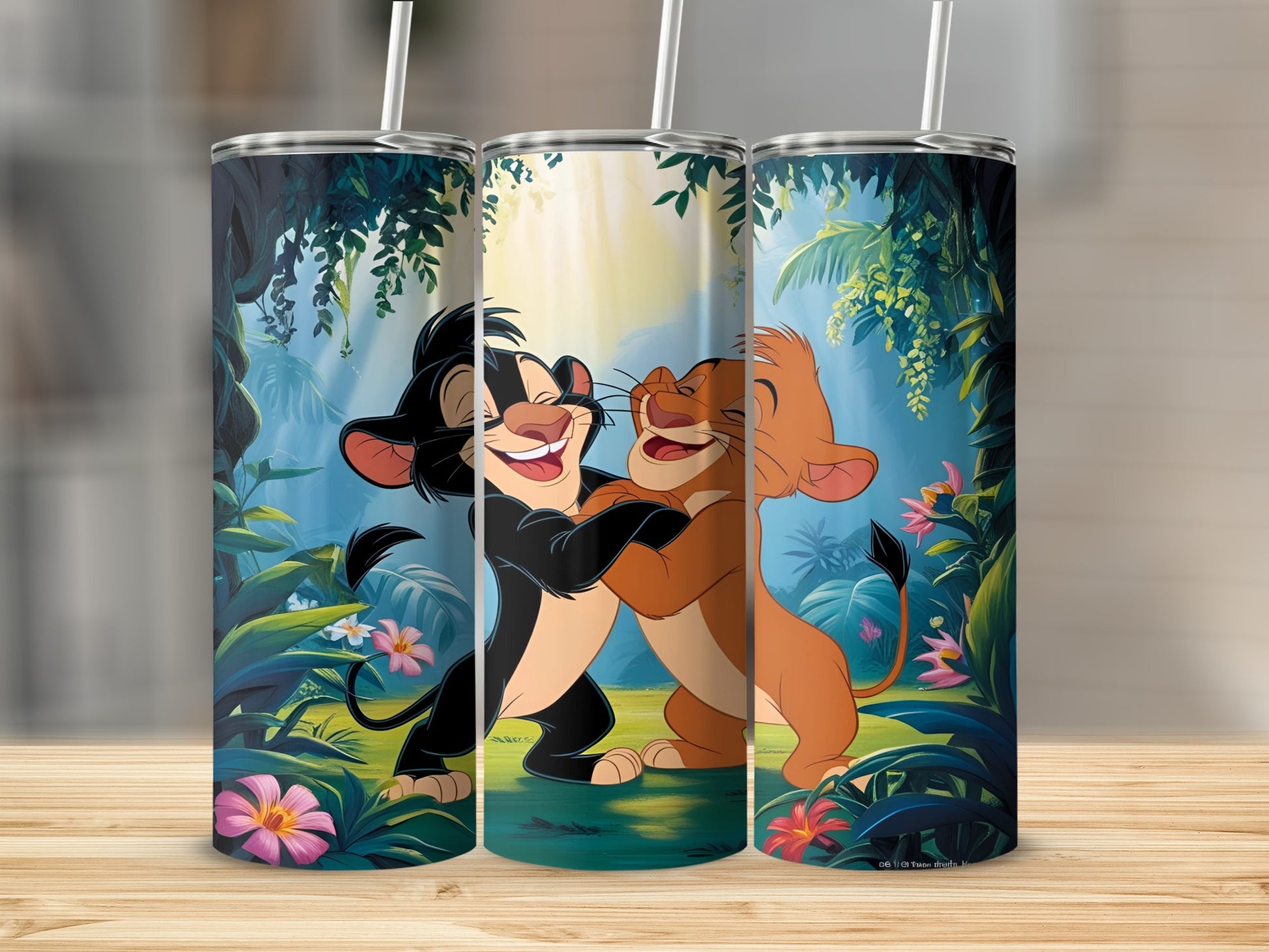 Two cartoon lion cubs, Nala and Simba, embrace in a lush jungle setting.