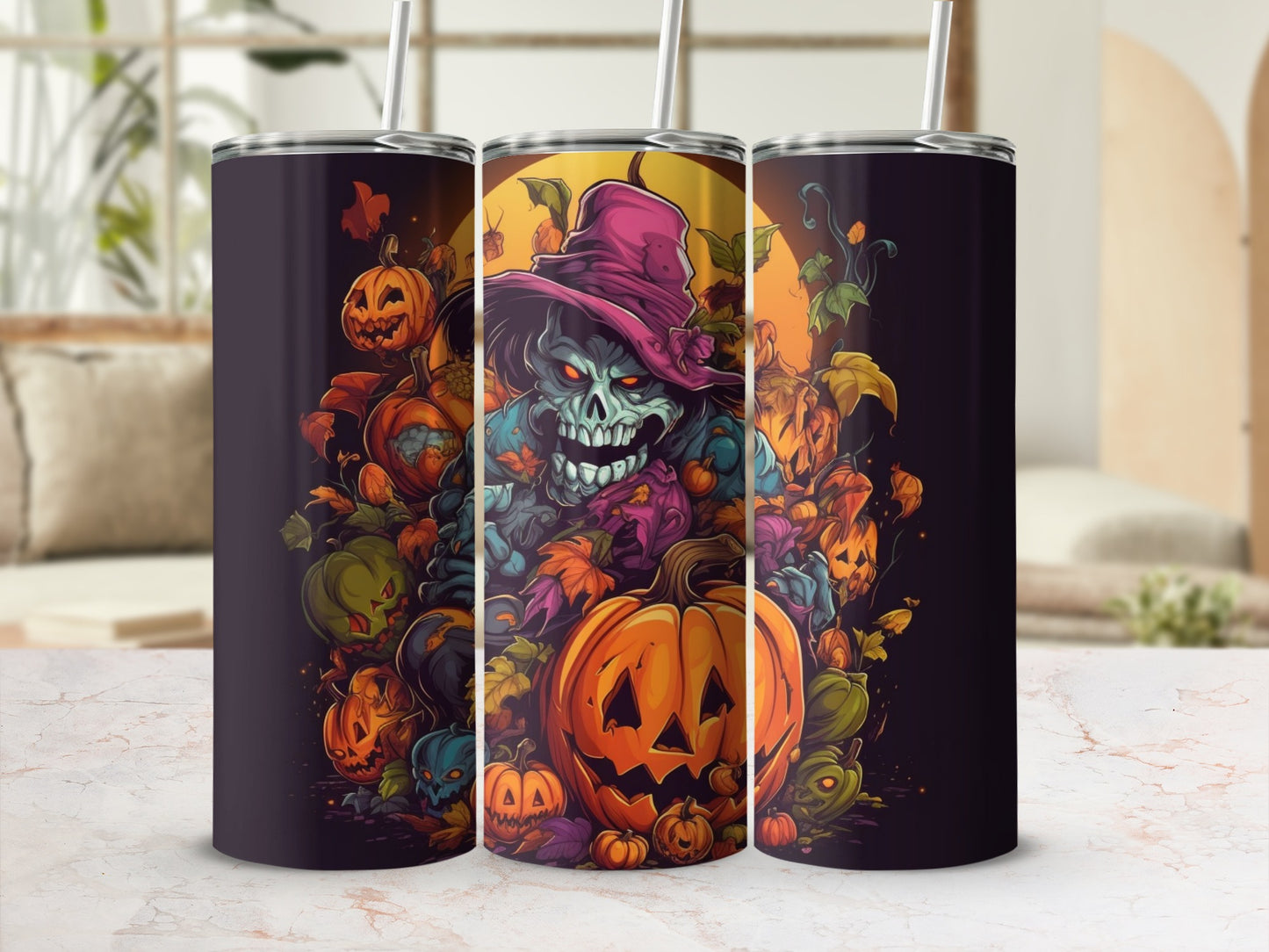 Three tumblers with Halloween pumpkins and a skull character illustration.