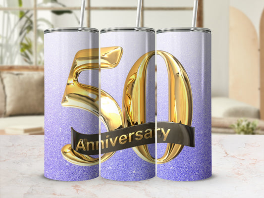 Gold "50 Anniversary" text on a sparkly purple tumbler.