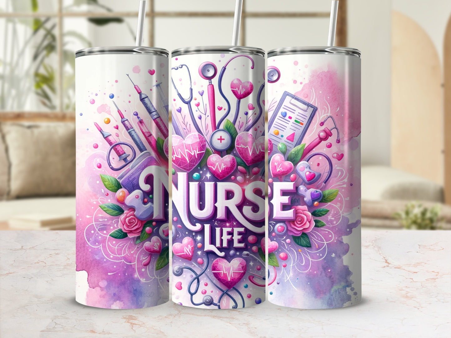 Three nurse-themed tumblers with hearts, stethoscopes, and medical symbols.