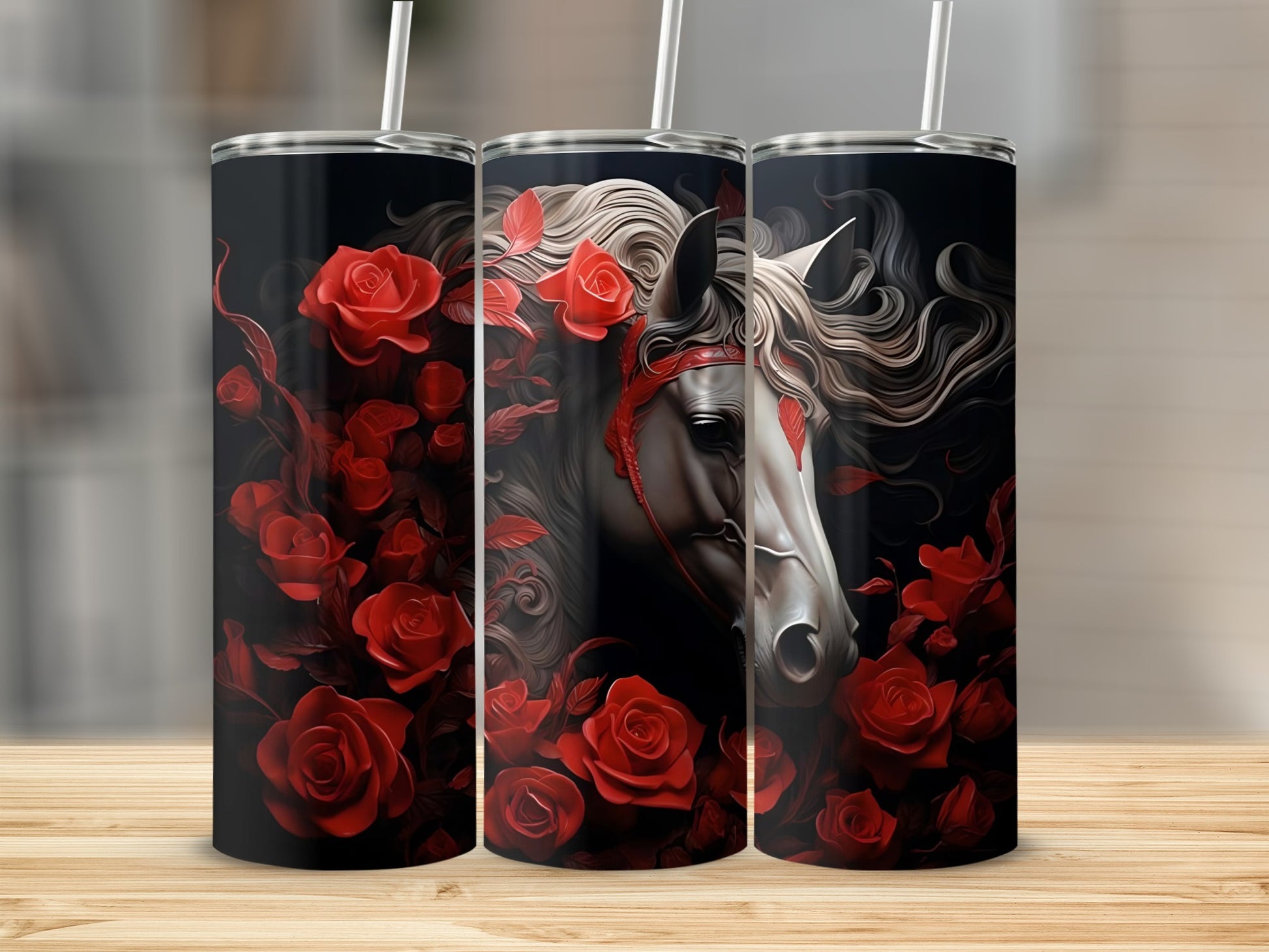 Majestic Horse with Red Roses Tumbler Design
