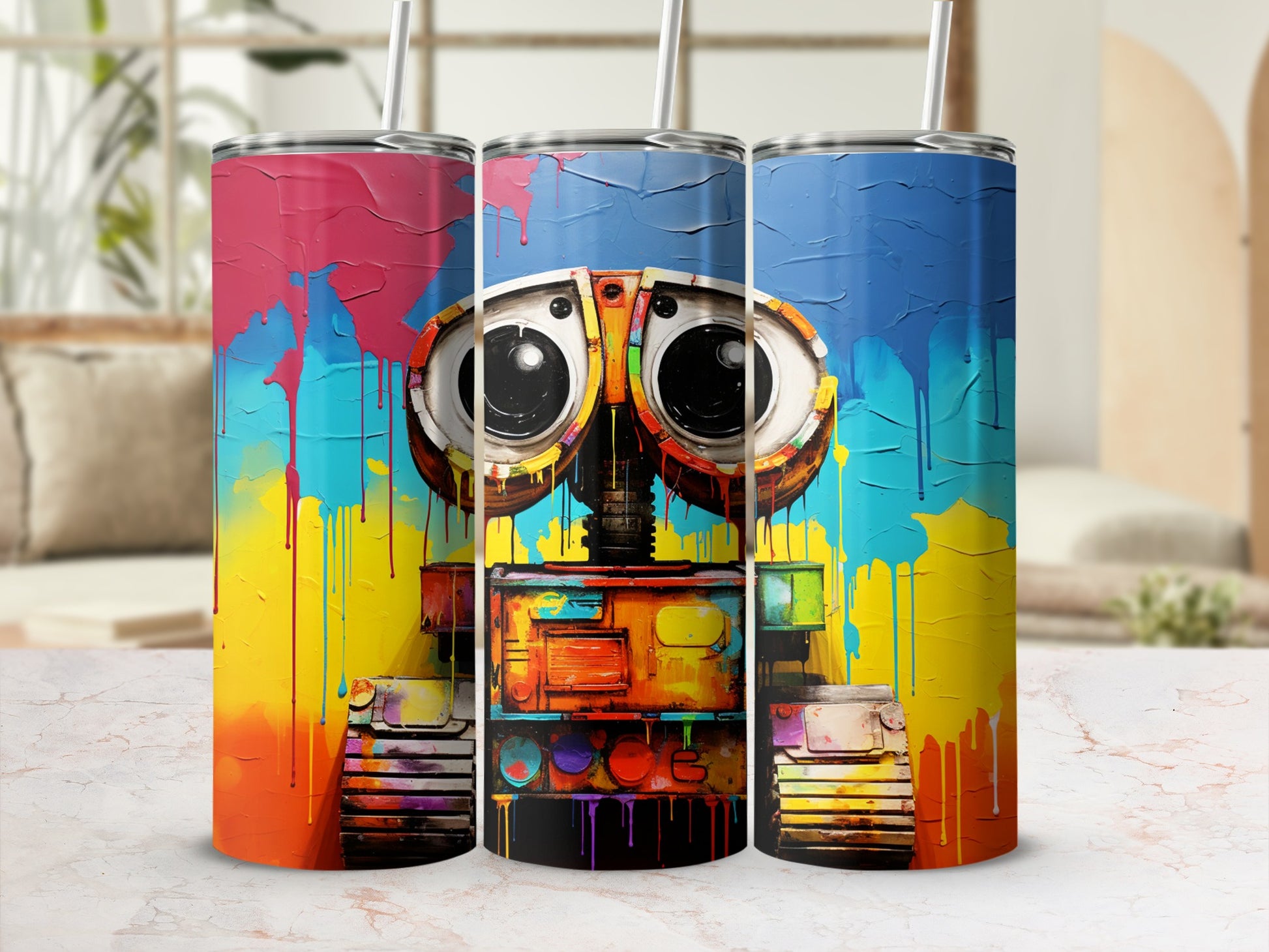 Colorful Robot Art Design Tumbler with Straw