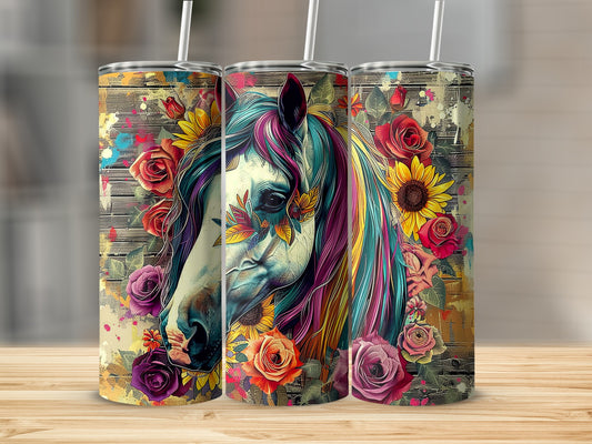 Tumbler with horse portrait and floral details.