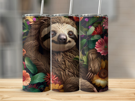 Three tumblers featuring a smiling sloth peeking through colorful tropical flowers.
