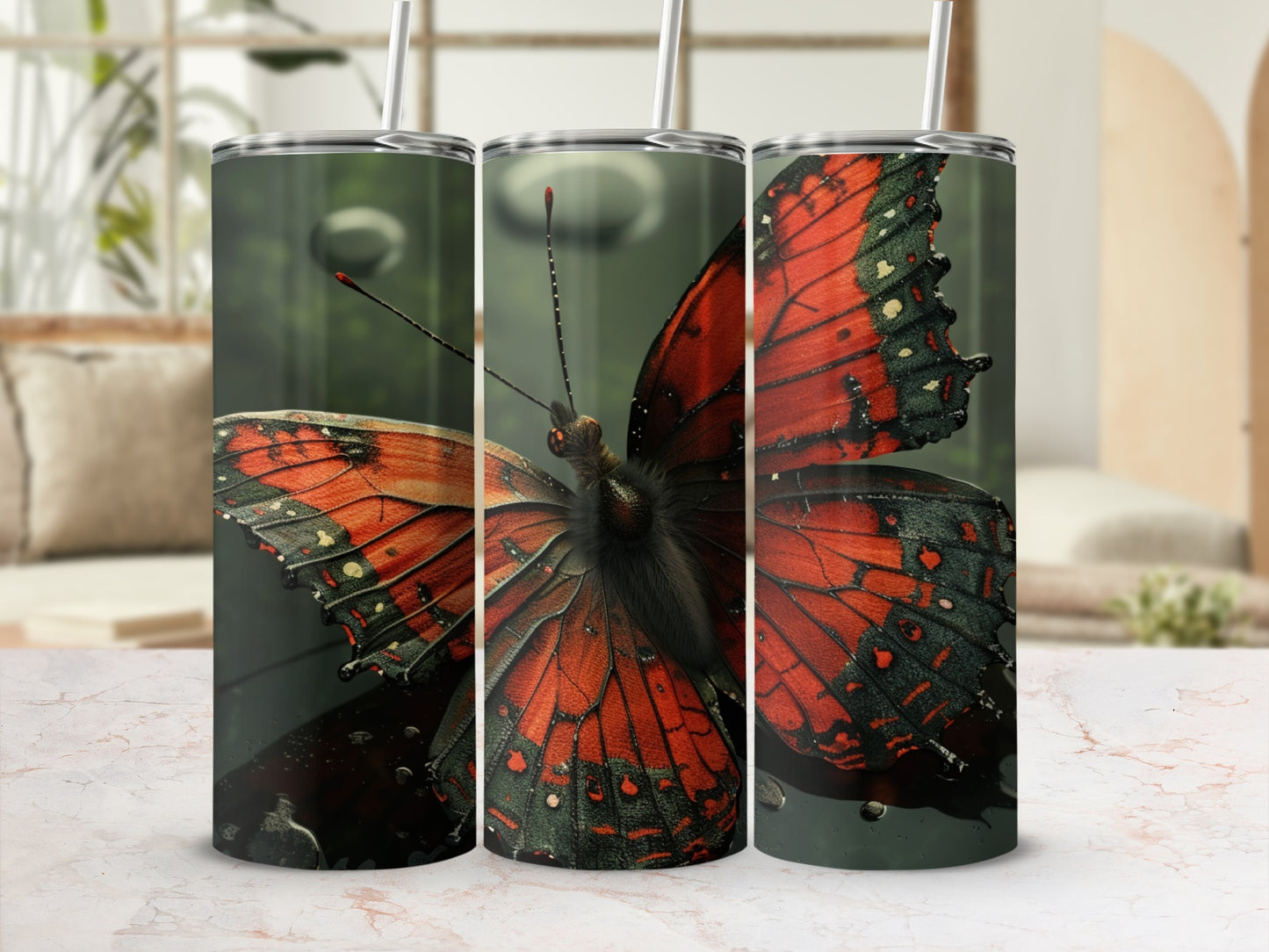 Three tumblers featuring a close-up of a red and black butterfly.