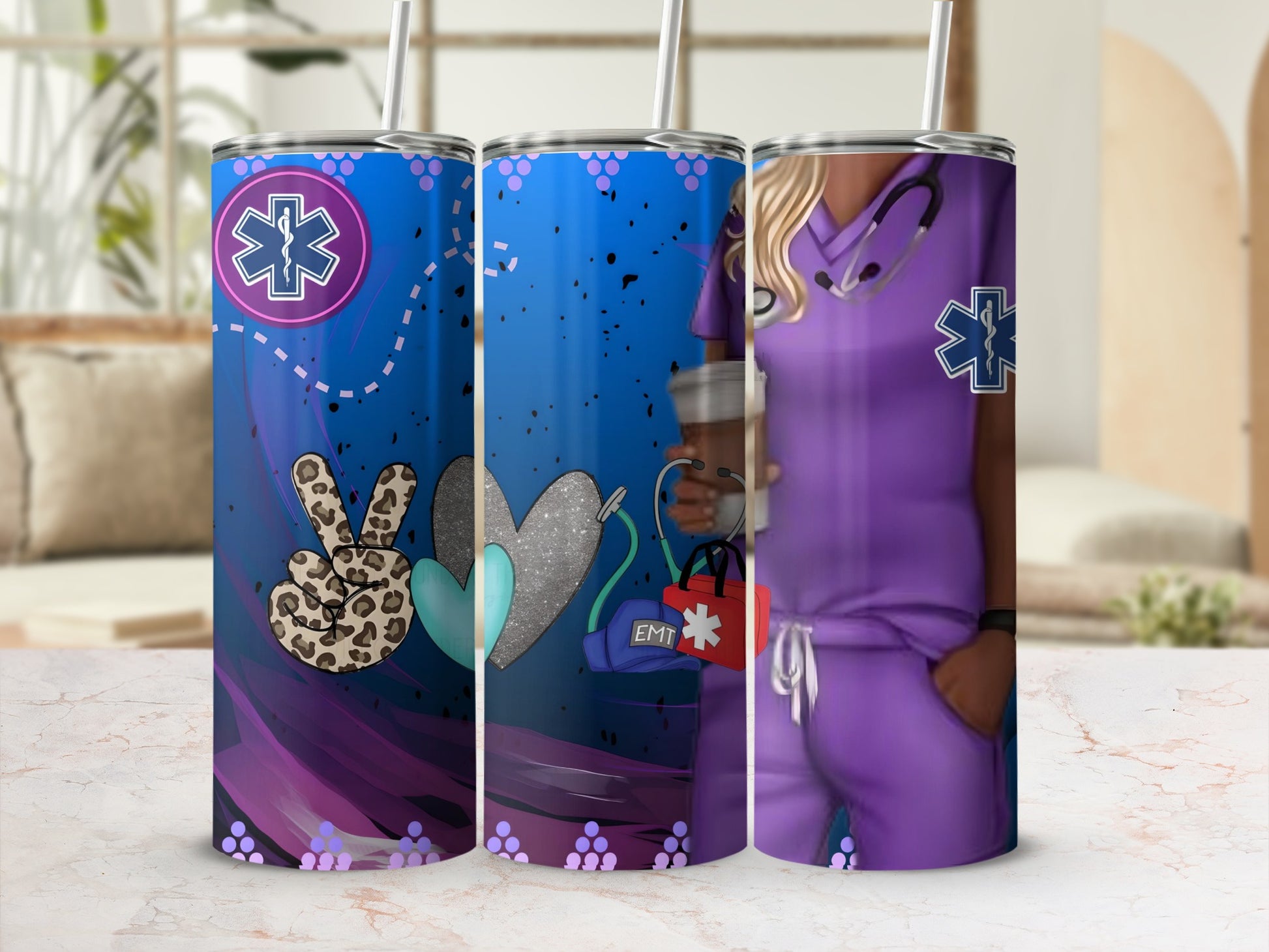 Colorful EMT tumbler with medical scrubs and symbols