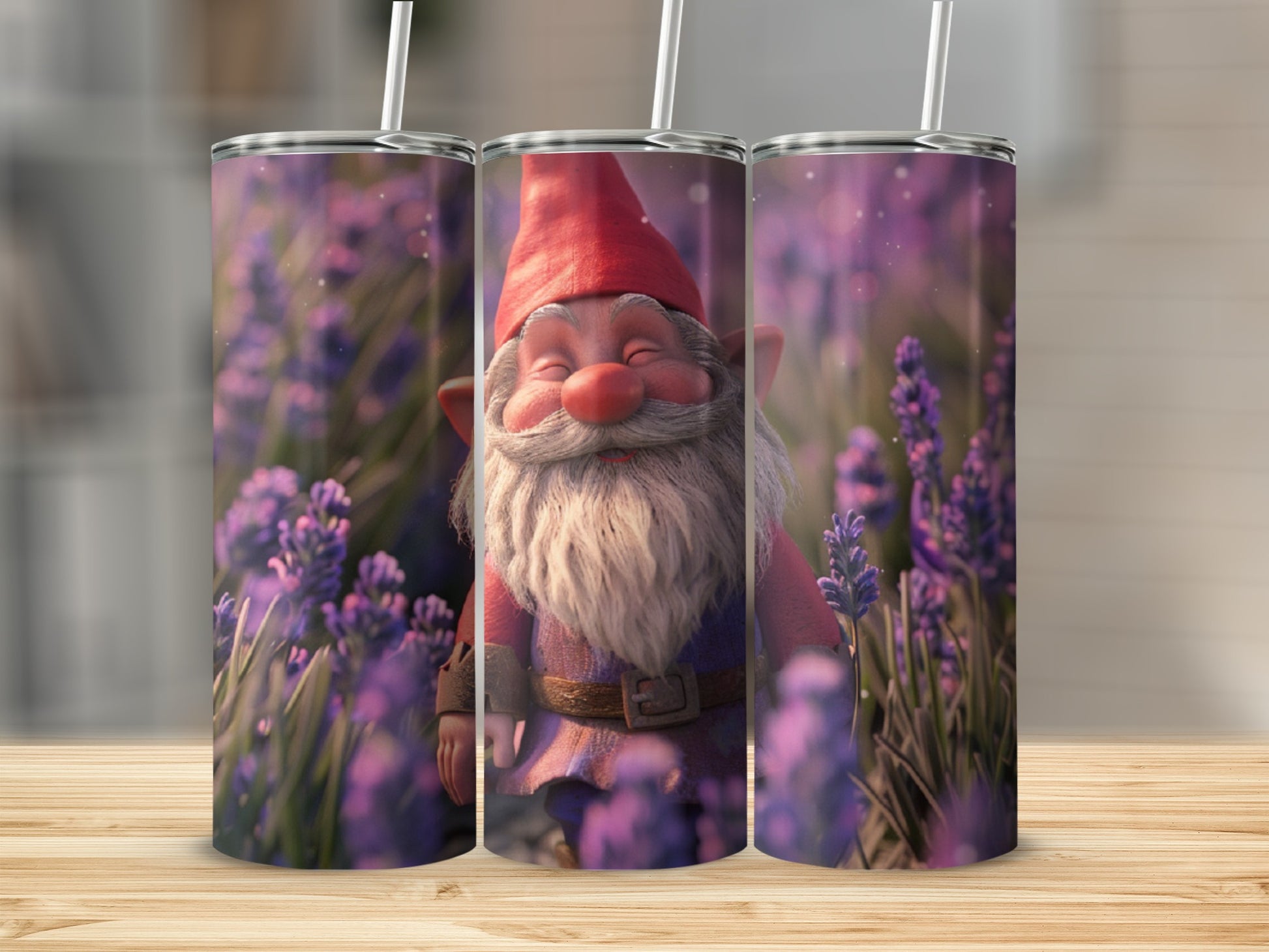 Three tumblers featuring a smiling gnome in a lavender field.