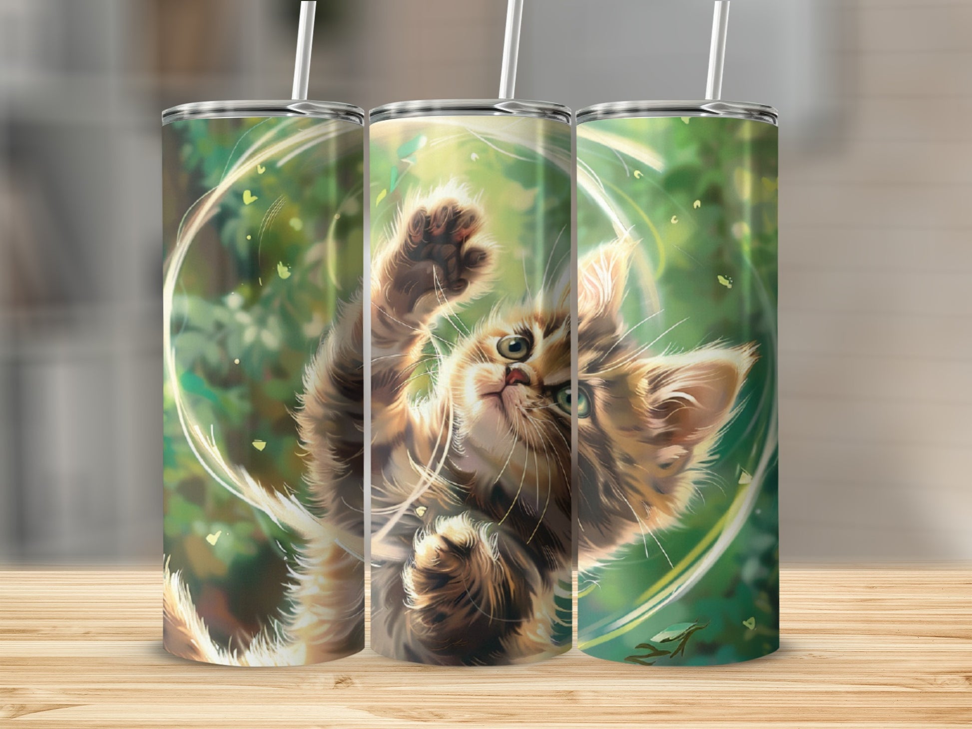 Kitten reaching up with paw through swirling green leaves and light.