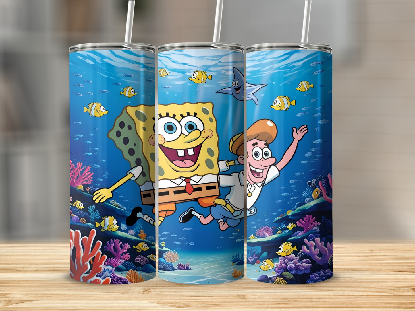 SpongeBob and Patrick swimming underwater with fish and coral.