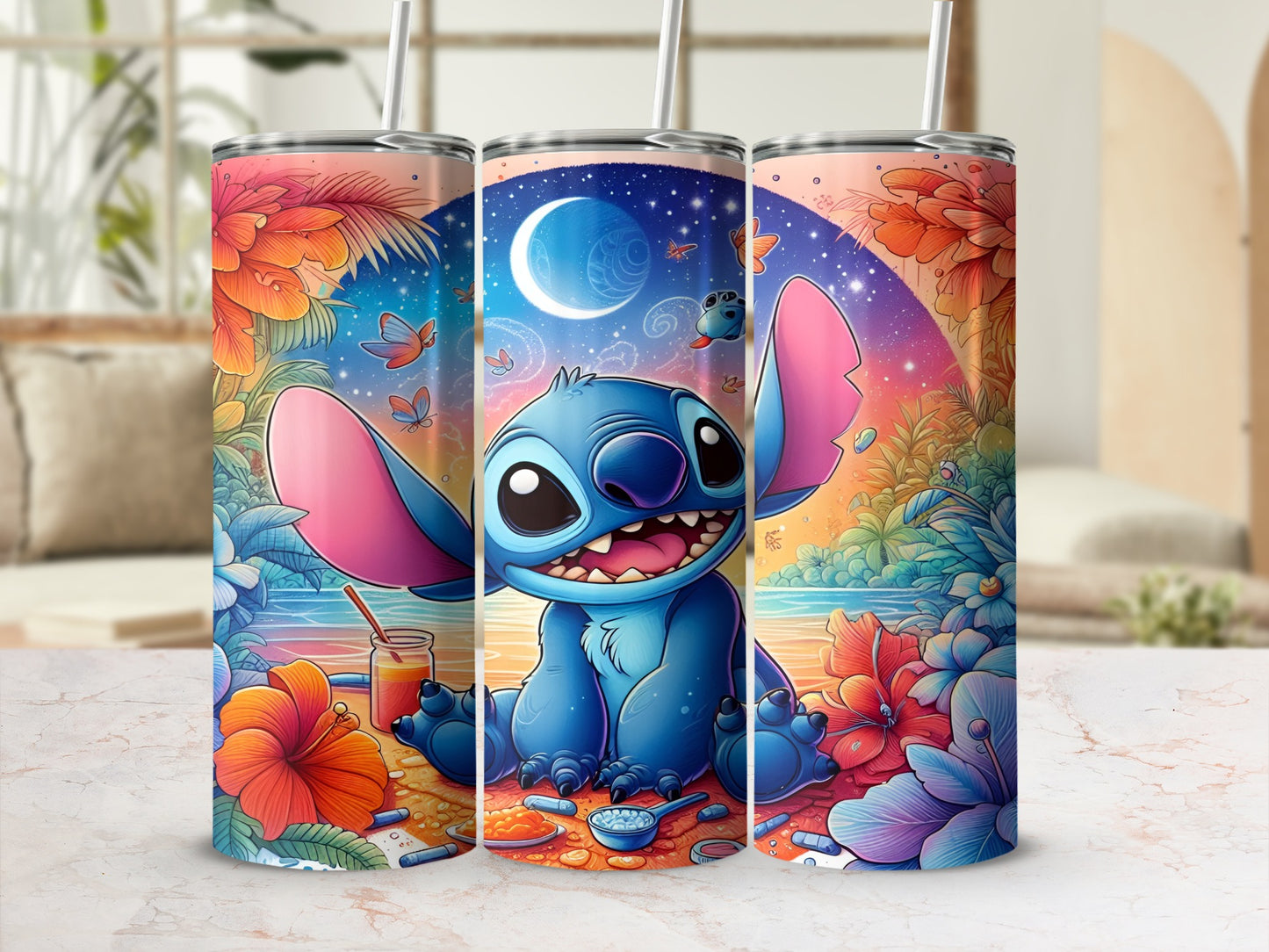 Stitch sitting on a beach with flowers and a crescent moon backdrop.