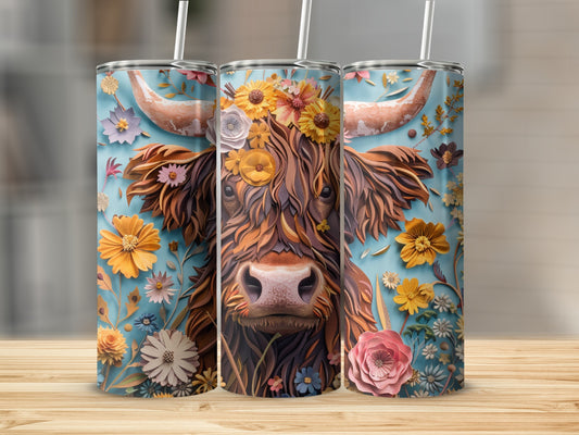 Cow head with flowers and floral crown on a blue floral background.
